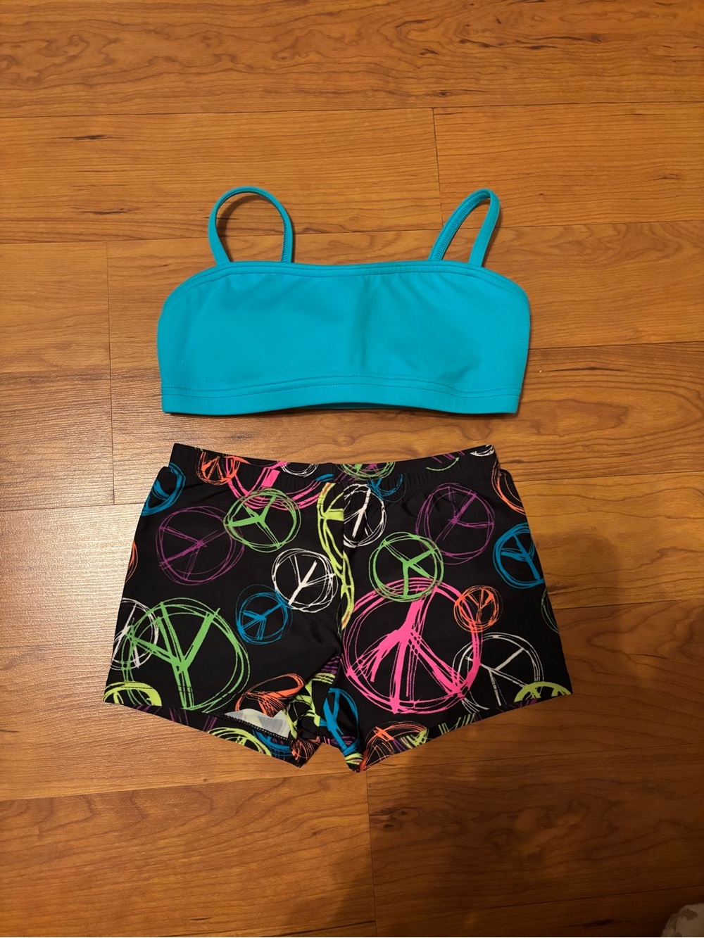 Body Wrappers Blue Bra Top with Black Neon Peace Sign Dance Shorts